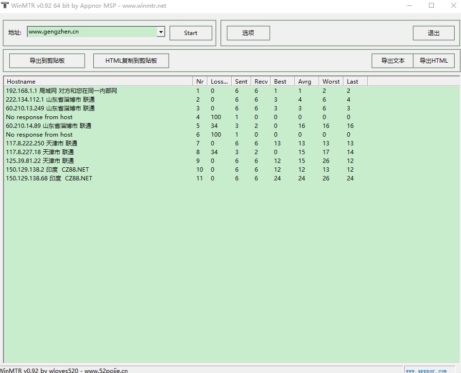 点击查看原图 WinMTR汉化版(可视化路由跟踪工具)
